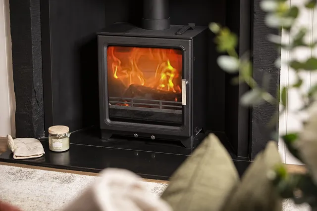 Wood-burning stove, lit